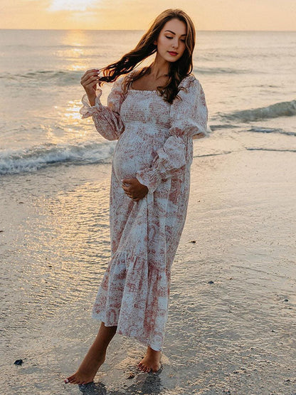 Blanco Volantes Acanalado Cintura Alta Manga Globo Bonito Vestidos De Foto De Maternidad