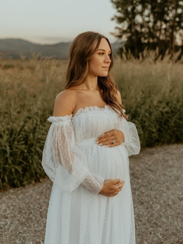 Sin Hombros Tul Lunares Elegante Vestido Largo De Foto De Maternidad