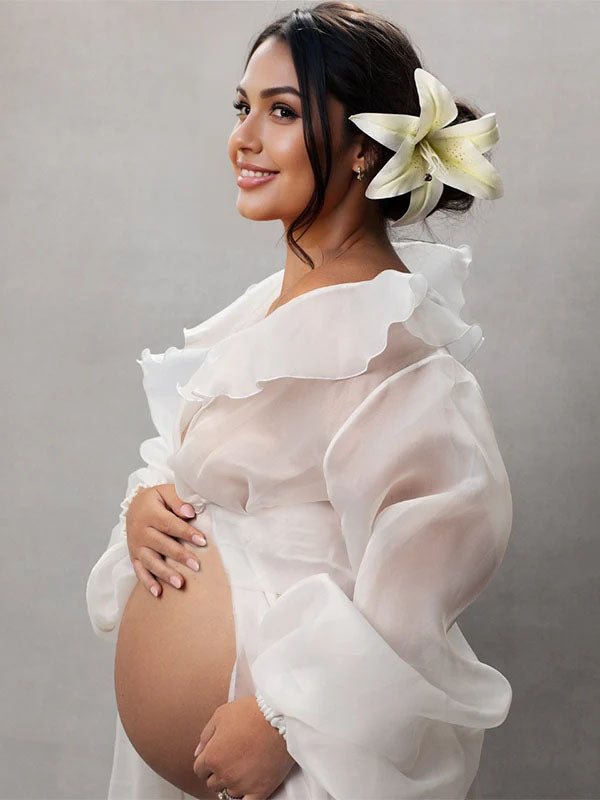 Vestido Largo De Maternidad Con Volantes, Abertura Y Mangas Farol Para Sesión De Fotos