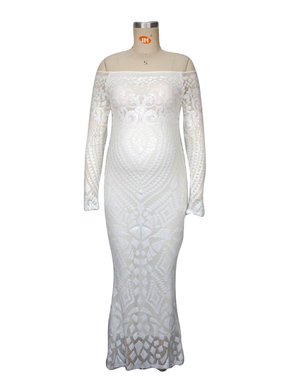 Blanco Encaje Lentejuelas Hombros Descubiertos Sirena Vestido De Novia Baby Shower Elegante Formal Vestidos De Foto De Maternidad