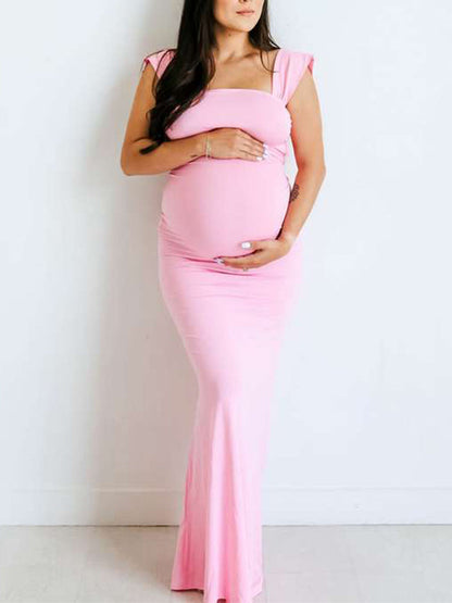 Vestido Largo De Maternidad Elegante Con Tirantes Finos Y Espalda Descubierta Para Baby Shower