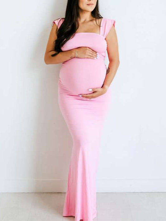 Vestido Largo De Maternidad Elegante Con Tirantes Finos Y Espalda Descubierta Para Baby Shower