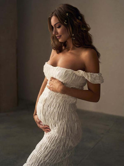 Vestido Maxi De Maternidad Fruncido Con Hombros Descubiertos Para Sesión De Fotos