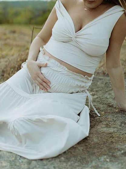 Blanco Marfil Dos Piezas Desactivar Hombro Falbala De Volantes Bodycon Elegante Maternidad Boho Sesión De Fotos Baby Shower Maxi Vestido