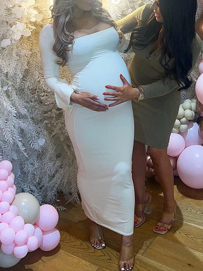 Blanco Elegante Manga Acampanad Cuello Cuadrado Ajustado Vestidos Para Baby Shower