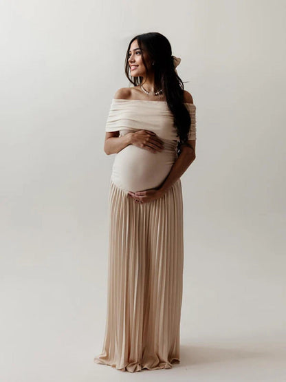 Albaricoque Sin Hombros Acanalado Plisado Big Swing Maxivestido De Maternidad Para Baby Shower