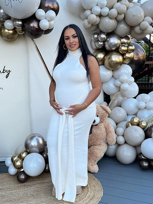 Vestido Chic Ajustado con Cuello Alto, Envolvente y Drapeado en Acanalado para Baby Shower