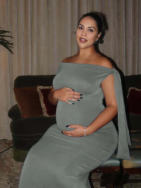 Vestido Maxi Maternidad con Hombro Asimétrico Nudo y Un Hombro para Fiesta