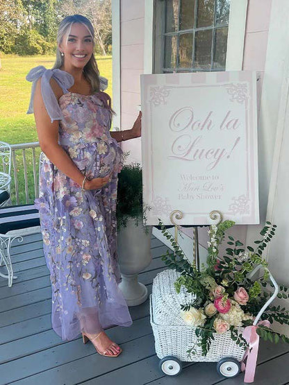 Vestido Maxi de Maternidad Flores Bordadas Tul Gasa para Baby Shower