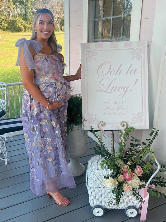 Vestido Maxi de Maternidad Flores Bordadas Tul Gasa para Baby Shower