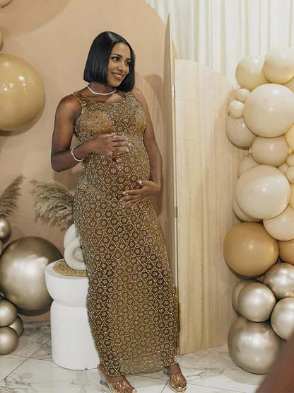 Vestido Maxi Maternidad con Abertura Lateral y Malla Transparente para Baby Shower