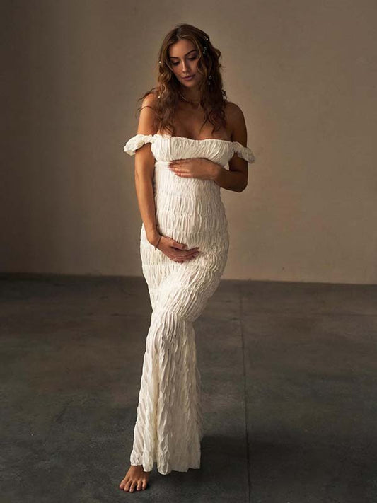Vestido Maxi De Maternidad Fruncido Con Hombros Descubiertos Para Sesión De Fotos