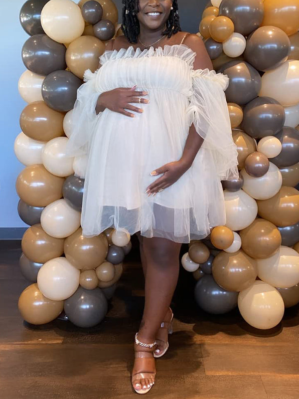 Vestido Mini de Malla para Baby Shower de Tulle con Hombros Descubiertos para Maternidad