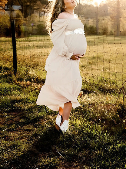 Volantes Cintura Alta Bohemio Fluido Manga Larga Talla Extra Vestido Largo De Foto De Maternidad