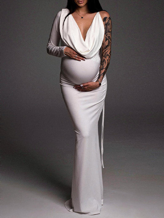 Una Manga Espalda Descubierta Corbata Cuello en V Ajustado Fotografía Maternidad Vestido Largo