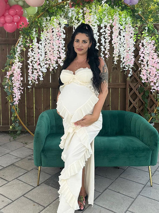 Blanco Volantes Abertura Lateral Corsé Elegante Cóctel Para Baby Shower Maternidad Vestido Largo