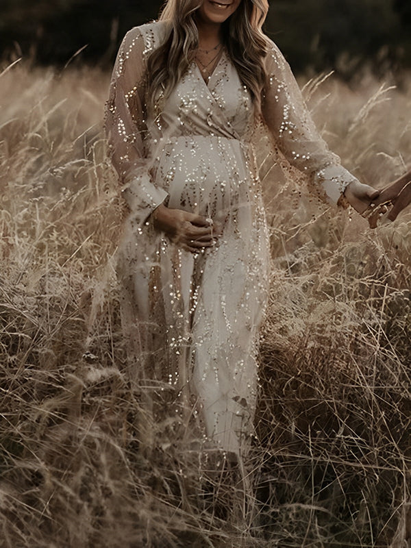 Albaricoque Lentejuelas Borla Tul Acanalado Espalda Anudada Bohemios Fotografía Maternidad Vestido Largo