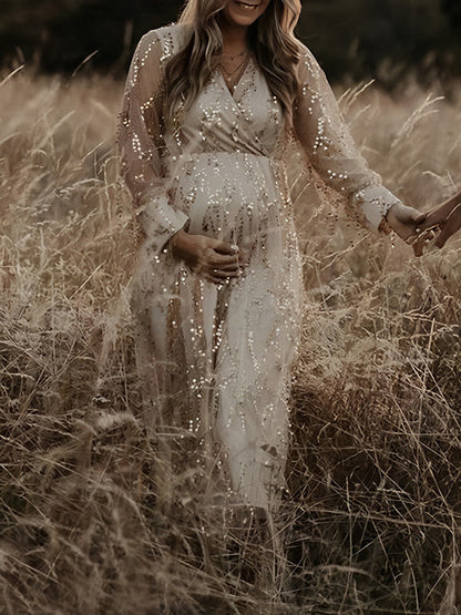 Albaricoque Lentejuelas Borla Tul Acanalado Espalda Anudada Bohemios Fotografía Maternidad Vestido Largo