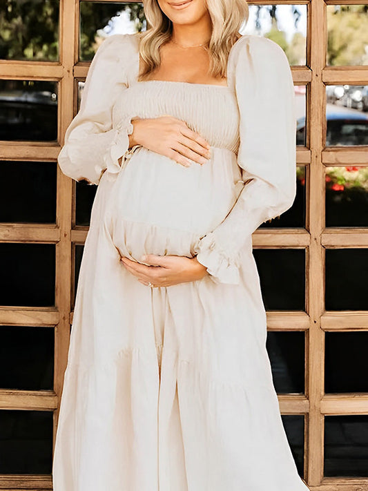 Volantes Cintura Alta Bohemio Fluido Manga Larga Talla Extra Vestido Largo De Foto De Maternidad