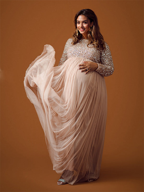 Champán Lentejuelas Tul Empalme Manga Larga Vestido De Fiesta Elegante Vestido Largo De Foto De Maternidad
