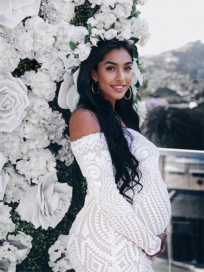 Blanco Encaje Lentejuelas Hombros Descubiertos Sirena Vestido De Novia Baby Shower Elegante Formal Vestidos De Foto De Maternidad