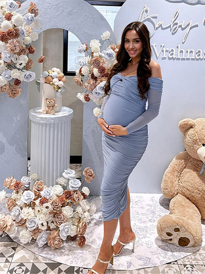 Azul Acanalado Hombros Descubiertos Cruz De Pecho Ajustado Elegante Vestidos De Invitada Vestidos Para Baby Shower