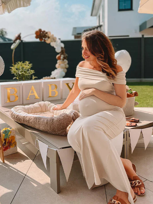 Vestido Largo Para Baby Shower Maternidad con Sin Hombros y Trasera Ajustado Elegante