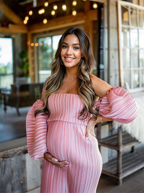 Rosa Hombros Descubiertos Escote Palabra De Honor Acanalado  Plisado Manga Globo Vestidos Para Baby Shower