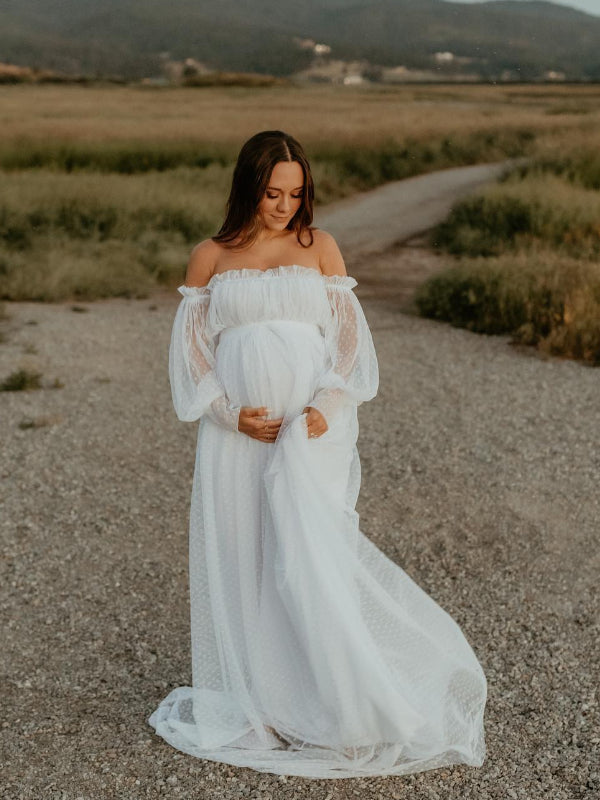 Sin Hombros Tul Lunares Elegante Vestido Largo De Foto De Maternidad