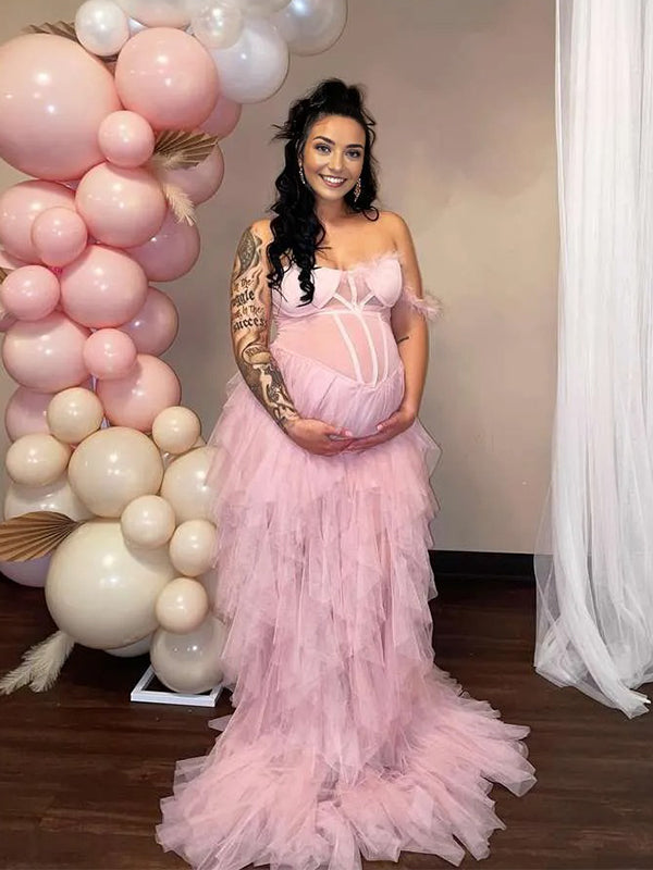 Escote palabra de honor Hombros descubiertos Pluma Tul Elegante Vestido Largo De Foto De Maternidad