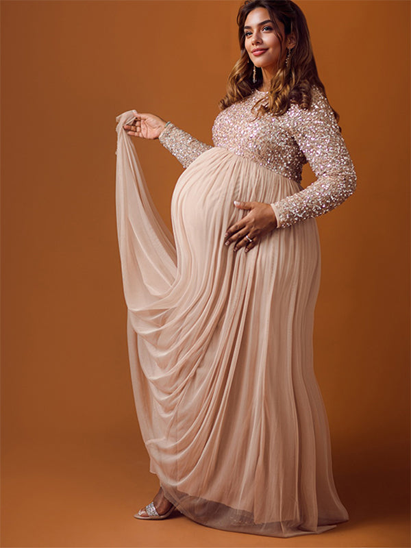Champán Lentejuelas Tul Empalme Manga Larga Vestido De Fiesta Elegante Vestido Largo De Foto De Maternidad