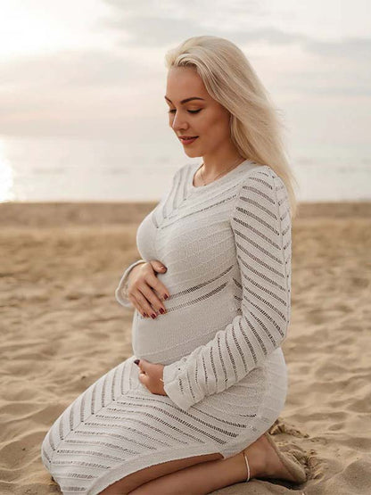 Vestido Maxi Maternidad con Corte y Transparencias a Rayas para Sesión de Fotos