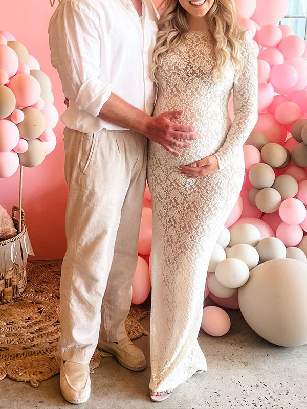 Blanco Encaje Sheer Bodycon Elegante Cóctel Maxivestido De Maternidad Para Baby Shower