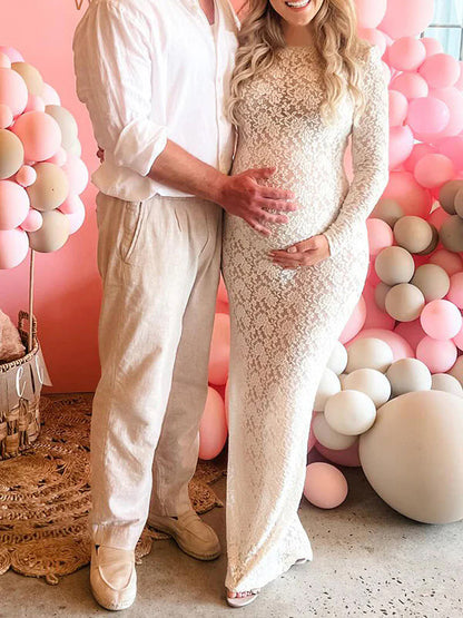 Blanco Encaje Sheer Bodycon Elegante Cóctel Maxivestido De Maternidad Para Baby Shower