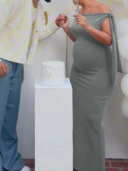 Vestido Maxi Maternidad con Hombro Asimétrico Nudo y Un Hombro para Fiesta