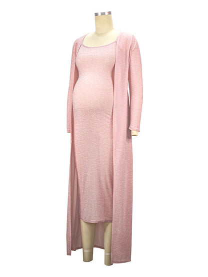 Rosa Alambre Brillante Manga Larga Conjunto De Dos Piezas Ajustado Vestidos Para Baby Shower Conjunto Cardigan