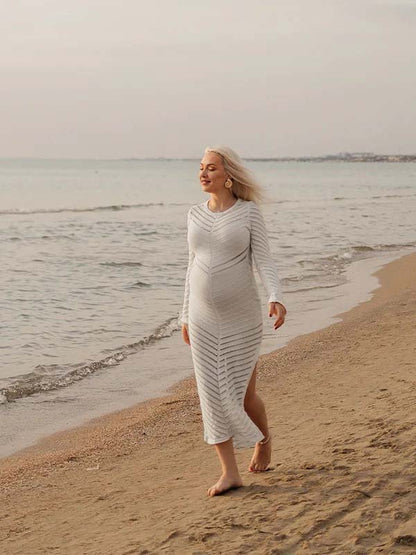 Vestido Maxi Maternidad con Corte y Transparencias a Rayas para Sesión de Fotos