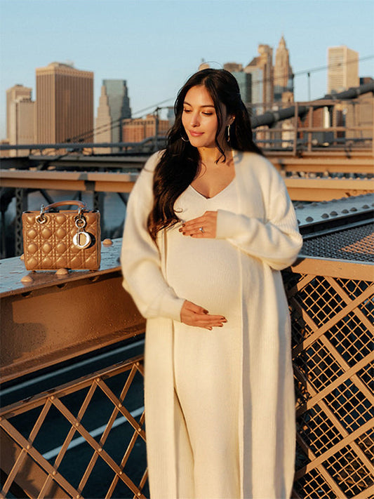 Blanco Punto Cuello en V Ajustado Cárdigan Elegante Para Baby Shower Maternidad Vestido Largo Suéter