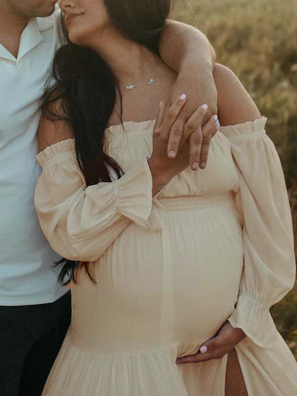 Fluido Sin Hombros Volantes Abertura Lateral Bohemio Elegante Fotografía Maternidad Vestido Largo