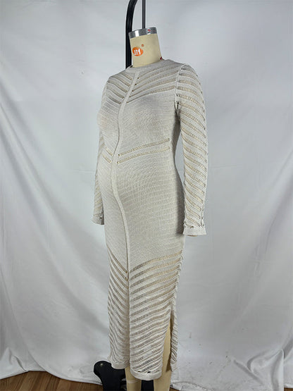 Vestido Maxi Maternidad con Corte y Transparencias a Rayas para Sesión de Fotos