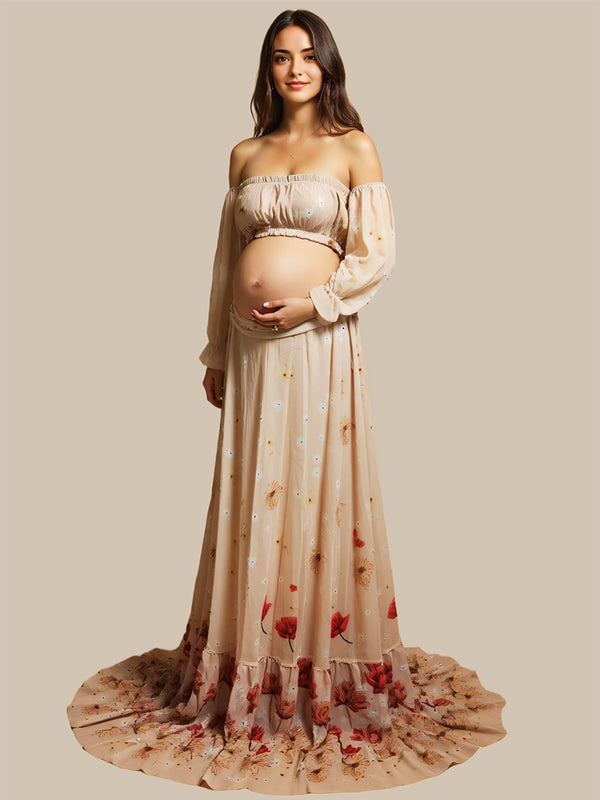 Vestido Premamá Boho Impresión con Sin Hombros y Tela De Cultivo Bandeau