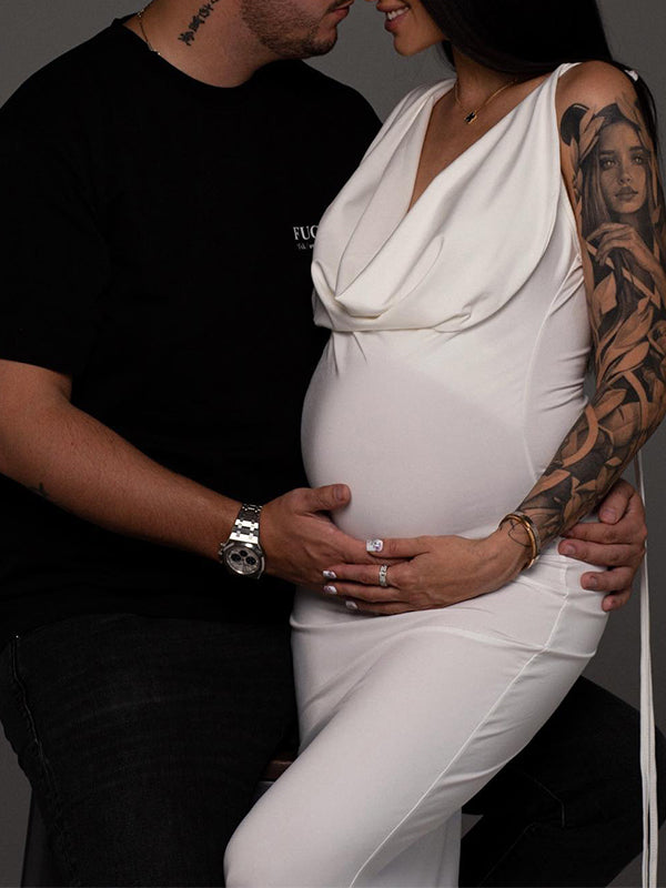 Una Manga Espalda Descubierta Corbata Cuello en V Ajustado Fotografía Maternidad Vestido Largo