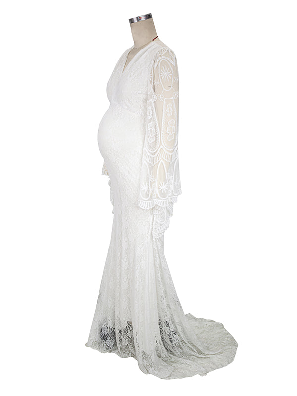 Blanco Encaje Trompeta Cuello en V Manga Murciélago Fotografía Maternidad Vestido Largo