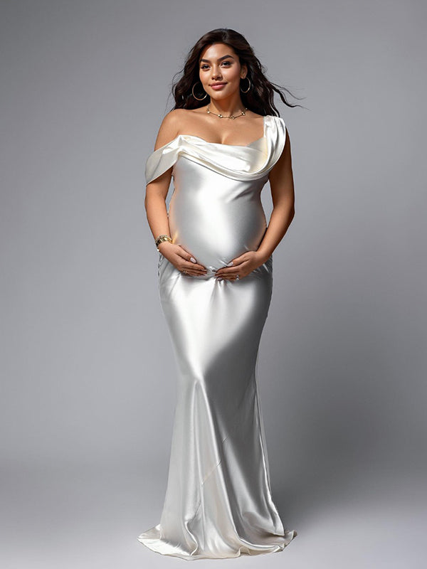 Blanco Hombros Descubiertos Satén Espalda Descubierta Sirena Vestidos De Foto De Maternidad